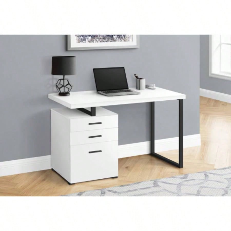 Computer Desk, Home Office, Laptop, Left, Right Set - up, Storage Drawers, 48l, Work, White Laminate, Black Metal, Contemporary, Modern