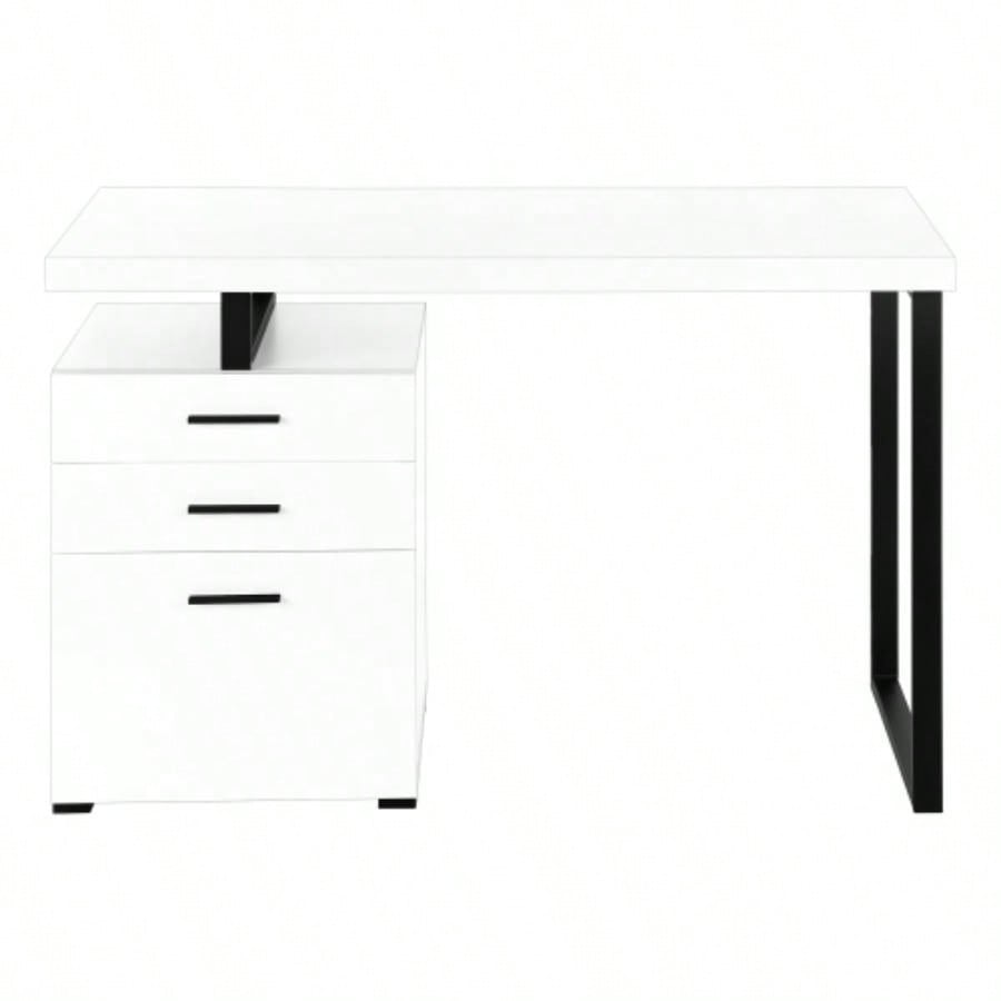 Computer Desk, Home Office, Laptop, Left, Right Set - up, Storage Drawers, 48l, Work, White Laminate, Black Metal, Contemporary, Modern