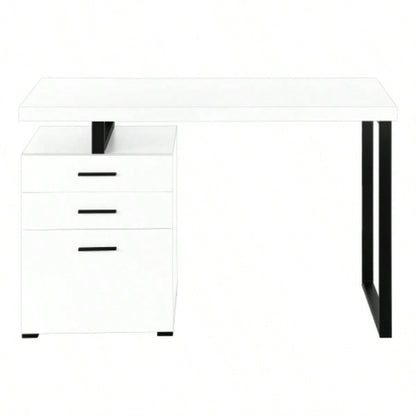 Computer Desk, Home Office, Laptop, Left, Right Set - up, Storage Drawers, 48l, Work, White Laminate, Black Metal, Contemporary, Modern