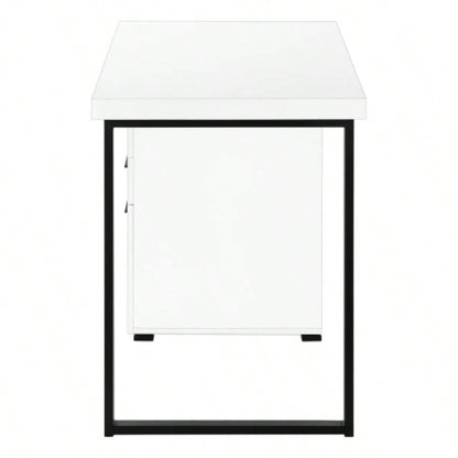 Computer Desk, Home Office, Laptop, Left, Right Set - up, Storage Drawers, 48l, Work, White Laminate, Black Metal, Contemporary, Modern