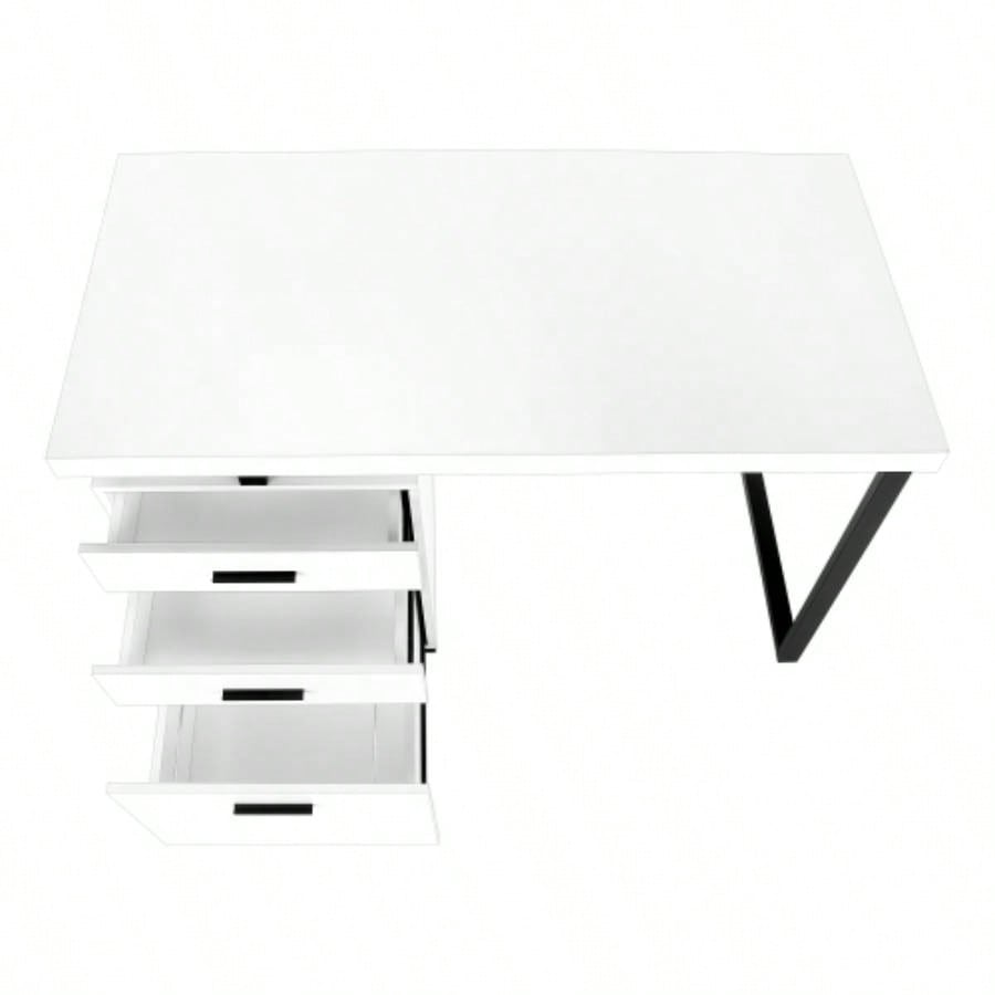 Computer Desk, Home Office, Laptop, Left, Right Set - up, Storage Drawers, 48l, Work, White Laminate, Black Metal, Contemporary, Modern