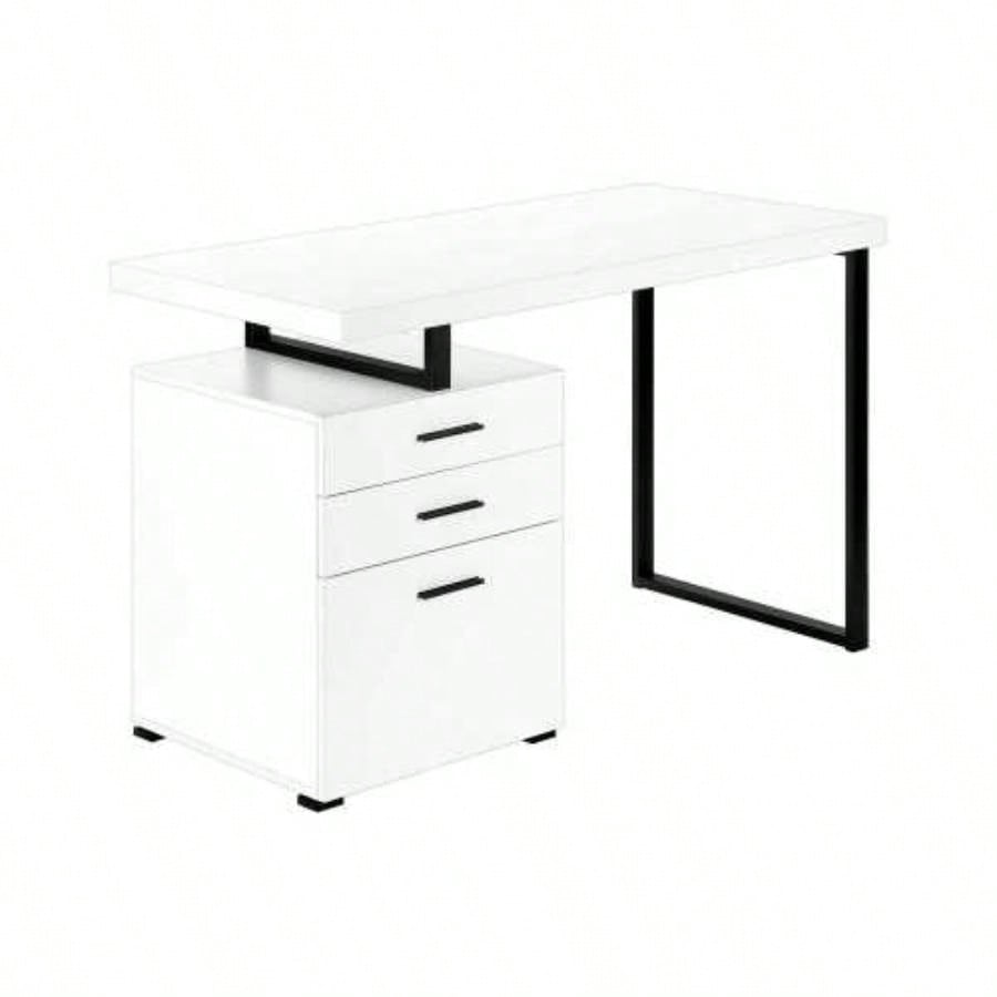Computer Desk, Home Office, Laptop, Left, Right Set - up, Storage Drawers, 48l, Work, White Laminate, Black Metal, Contemporary, Modern