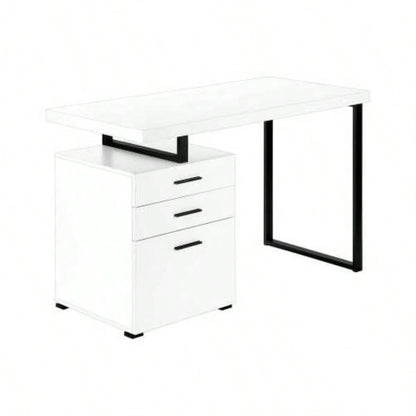 Computer Desk, Home Office, Laptop, Left, Right Set - up, Storage Drawers, 48l, Work, White Laminate, Black Metal, Contemporary, Modern