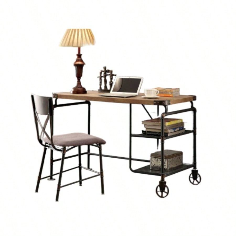 Industrial Inspired Desk With An Antique Black Metal Construction Replicated Wood Top And Caster Wheel Accents