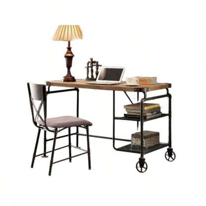 Industrial Inspired Desk With An Antique Black Metal Construction Replicated Wood Top And Caster Wheel Accents