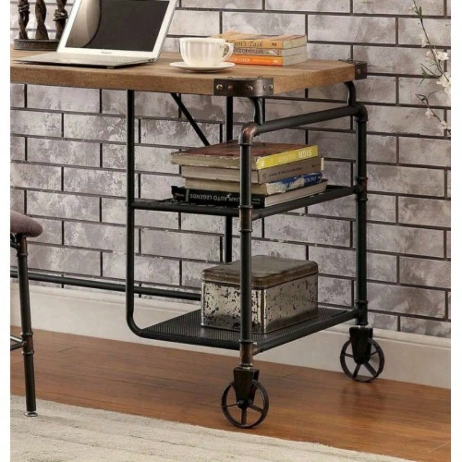Industrial Inspired Desk With An Antique Black Metal Construction Replicated Wood Top And Caster Wheel Accents