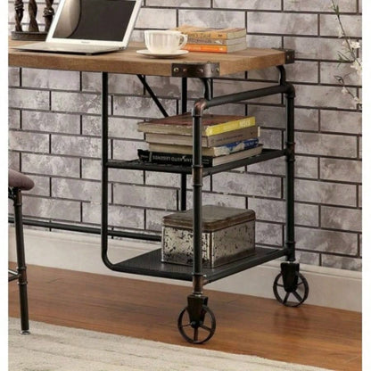 Industrial Inspired Desk With An Antique Black Metal Construction Replicated Wood Top And Caster Wheel Accents