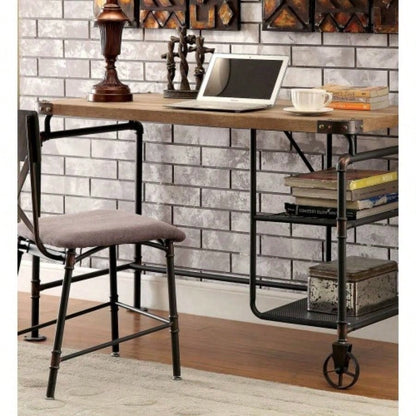Industrial Inspired Desk With An Antique Black Metal Construction Replicated Wood Top And Caster Wheel Accents