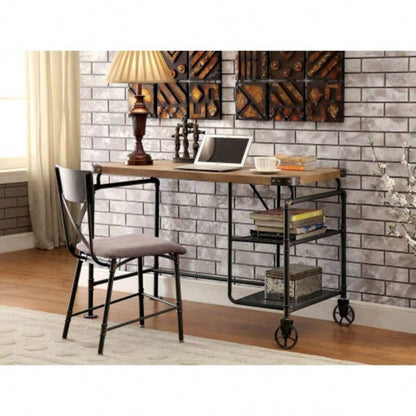 Industrial Inspired Desk With An Antique Black Metal Construction Replicated Wood Top And Caster Wheel Accents
