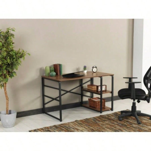 Furnish Home Store Sage Black Metal Frame 47 Wooden Top 2 Shelves Writing and Computer Desk Home Office, Walnut