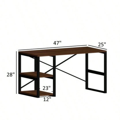 Furnish Home Store Sage Black Metal Frame 47 Wooden Top 2 Shelves Writing and Computer Desk Home Office, Walnut