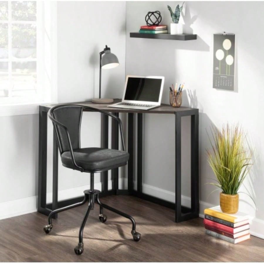 Roman Industrial Corner Desk in Black Metal and Espresso by LumiSource