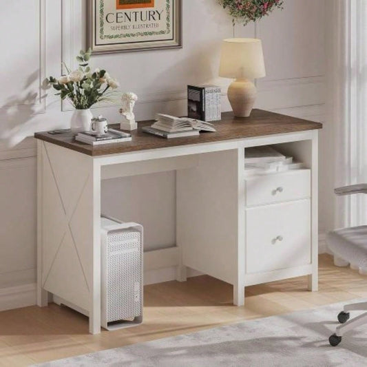 47 Farmhouse Wood Writing Desk With Drawers, Home Office Desk with Charging Station, 2 Storage Drawers and Open Shelf, Vanity Desk Writing Table Study and Bedroom