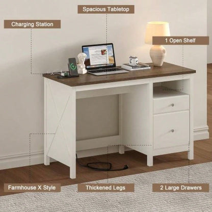 47 Farmhouse Wood Writing Desk With Drawers, Home Office Desk with Charging Station, 2 Storage Drawers and Open Shelf, Vanity Desk Writing Table Study and Bedroom