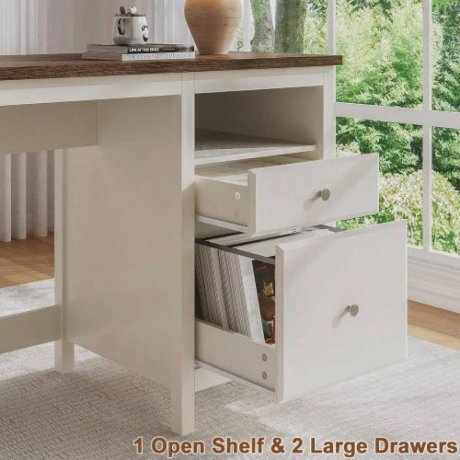 47 Farmhouse Wood Writing Desk With Drawers, Home Office Desk with Charging Station, 2 Storage Drawers and Open Shelf, Vanity Desk Writing Table Study and Bedroom