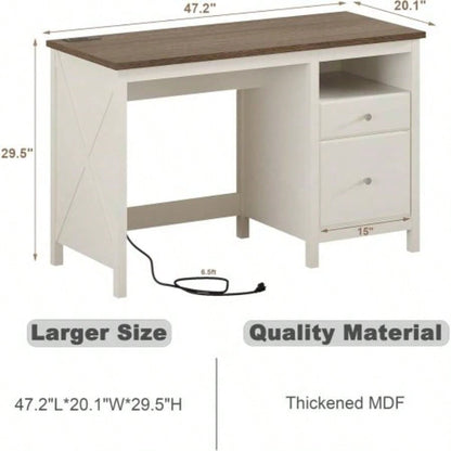 47 Farmhouse Wood Writing Desk With Drawers, Home Office Desk with Charging Station, 2 Storage Drawers and Open Shelf, Vanity Desk Writing Table Study and Bedroom