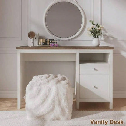 47 Farmhouse Wood Writing Desk With Drawers, Home Office Desk with Charging Station, 2 Storage Drawers and Open Shelf, Vanity Desk Writing Table Study and Bedroom