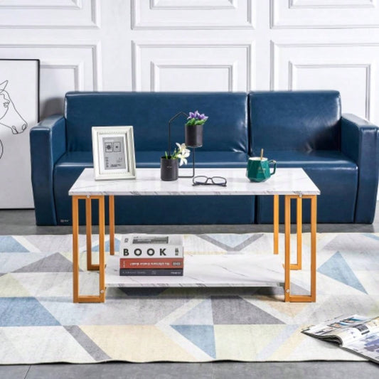 DN Coffee Table, 2 Layers 1.5cm Thick Marble MDF Rectangle 39.37 L Tabletop Iron Coffee Table, Dining Room, Coffee Shop, Resterant, White Top, Gold Leg