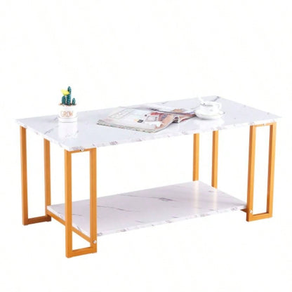 DN Coffee Table, 2 Layers 1.5cm Thick Marble MDF Rectangle 39.37 L Tabletop Iron Coffee Table, Dining Room, Coffee Shop, Resterant, White Top, Gold Leg