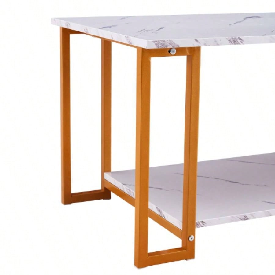 DN Coffee Table, 2 Layers 1.5cm Thick Marble MDF Rectangle 39.37 L Tabletop Iron Coffee Table, Dining Room, Coffee Shop, Resterant, White Top, Gold Leg