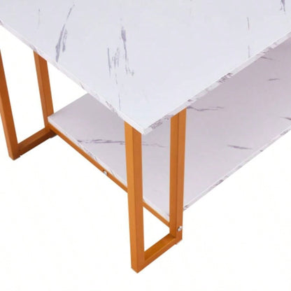 DN Coffee Table, 2 Layers 1.5cm Thick Marble MDF Rectangle 39.37 L Tabletop Iron Coffee Table, Dining Room, Coffee Shop, Resterant, White Top, Gold Leg