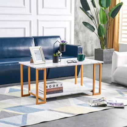 DN Coffee Table, 2 Layers 1.5cm Thick Marble MDF Rectangle 39.37 L Tabletop Iron Coffee Table, Dining Room, Coffee Shop, Resterant, White Top, Gold Leg