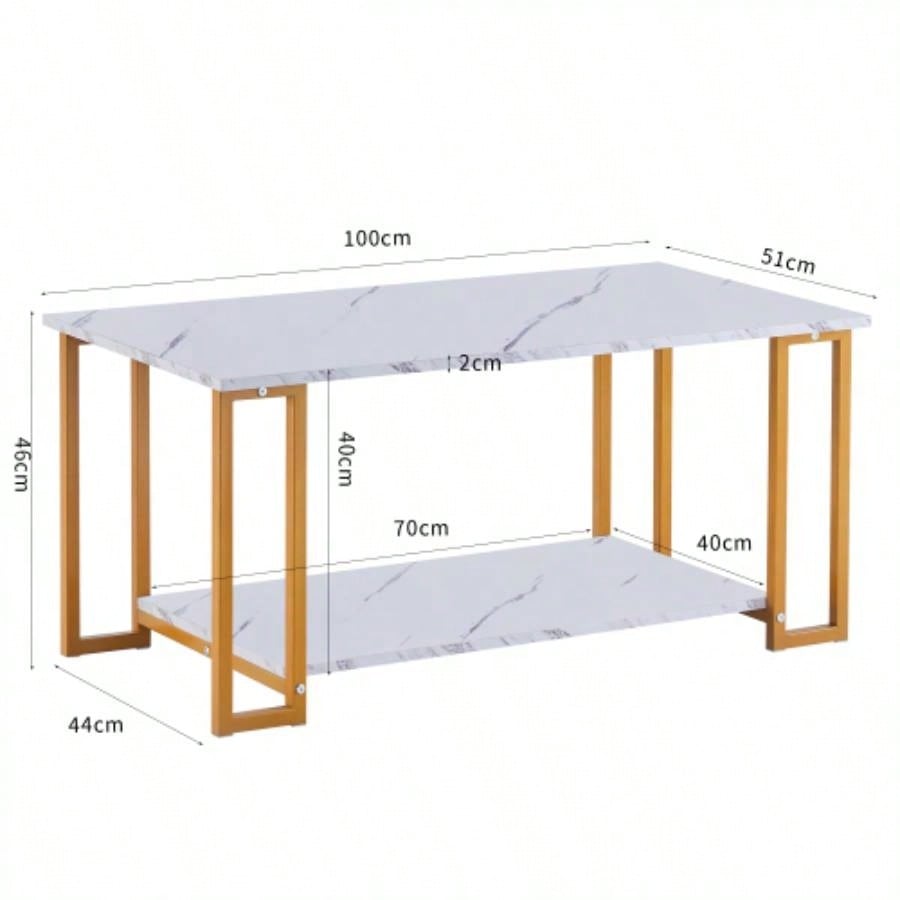 DN Coffee Table, 2 Layers 1.5cm Thick Marble MDF Rectangle 39.37 L Tabletop Iron Coffee Table, Dining Room, Coffee Shop, Resterant, White Top, Gold Leg