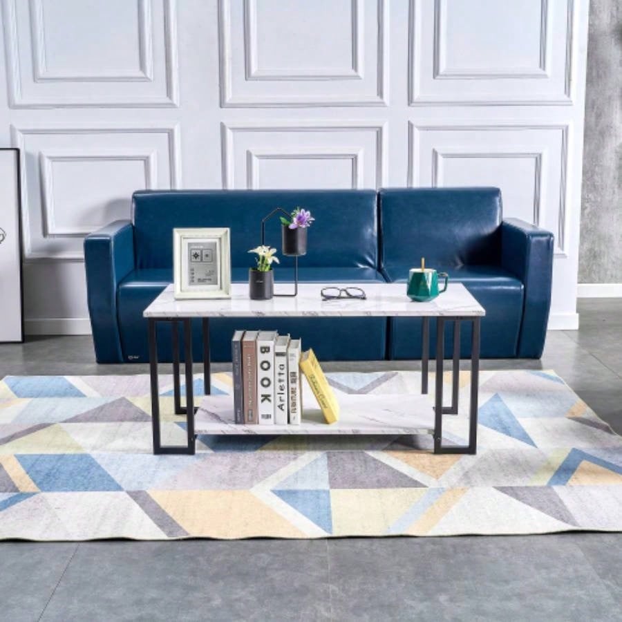 DN Coffee Table, 2 Layers 1.5cm Thick Marble MDF Rectangle 39.37 L Tabletop Iron Coffee Table, Dining Room, Coffee Shop, Resterant, White Top, Gold Leg