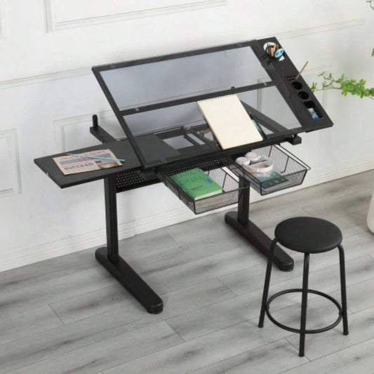 hand crank adjustable drafting table drawing desk with 2 metal drawers BLACKWITH STOOL