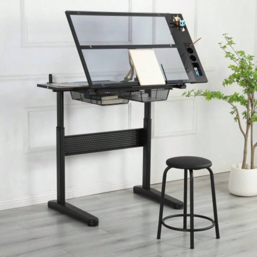 hand crank adjustable drafting table drawing desk with 2 metal drawers BLACKWITH STOOL