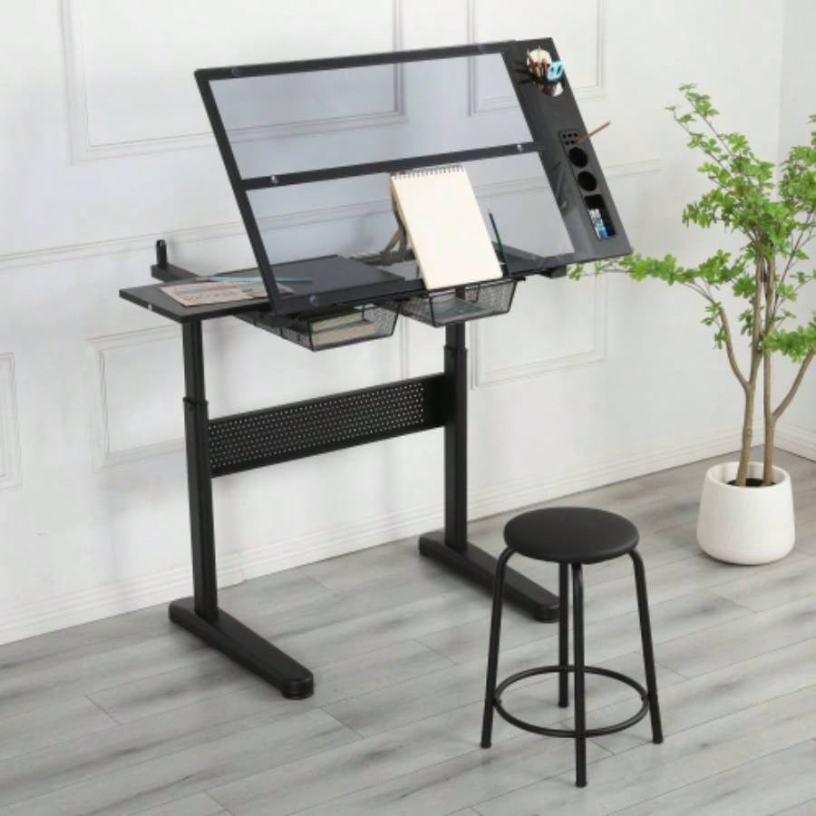 hand crank adjustable drafting table drawing desk with 2 metal drawers BLACKWITH STOOL