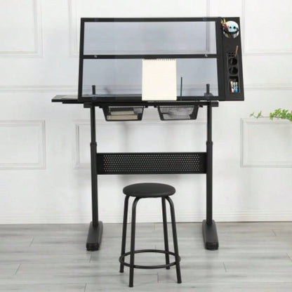 hand crank adjustable drafting table drawing desk with 2 metal drawers BLACKWITH STOOL