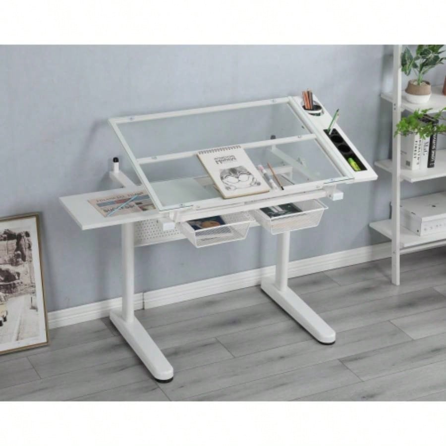 hand crank adjustable drafting table drawing desk with 2 metal drawers BLACKWITH STOOL