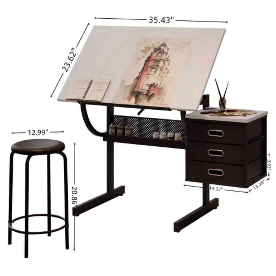 White adjustable drafting drawing table with stool and 3 drawers
