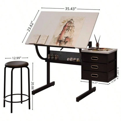 White adjustable drafting drawing table with stool and 3 drawers