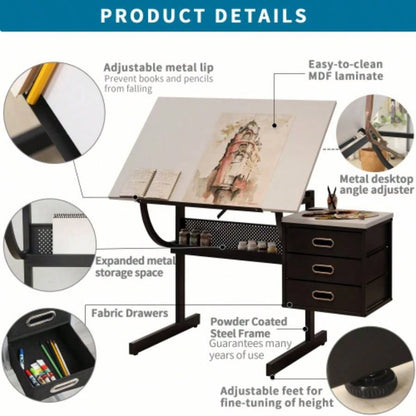 White adjustable drafting drawing table with stool and 3 drawers