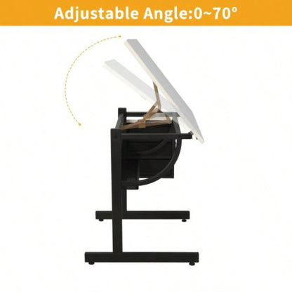 White adjustable drafting drawing table with stool and 3 drawers