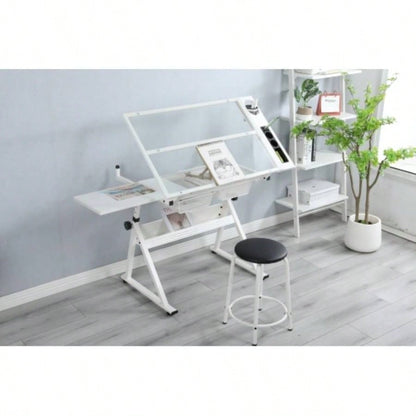 black adjustable tempered glass drafting printing table with chair