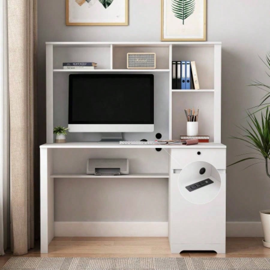 Computer Desk with Hutch Bookshelf, Wood Executive Desk Teens Student Desk Writing Laptop Home Office Desk with Drawers, 3 AC Outlets and 2 USB Charging Ports, Study Laptop Table Home