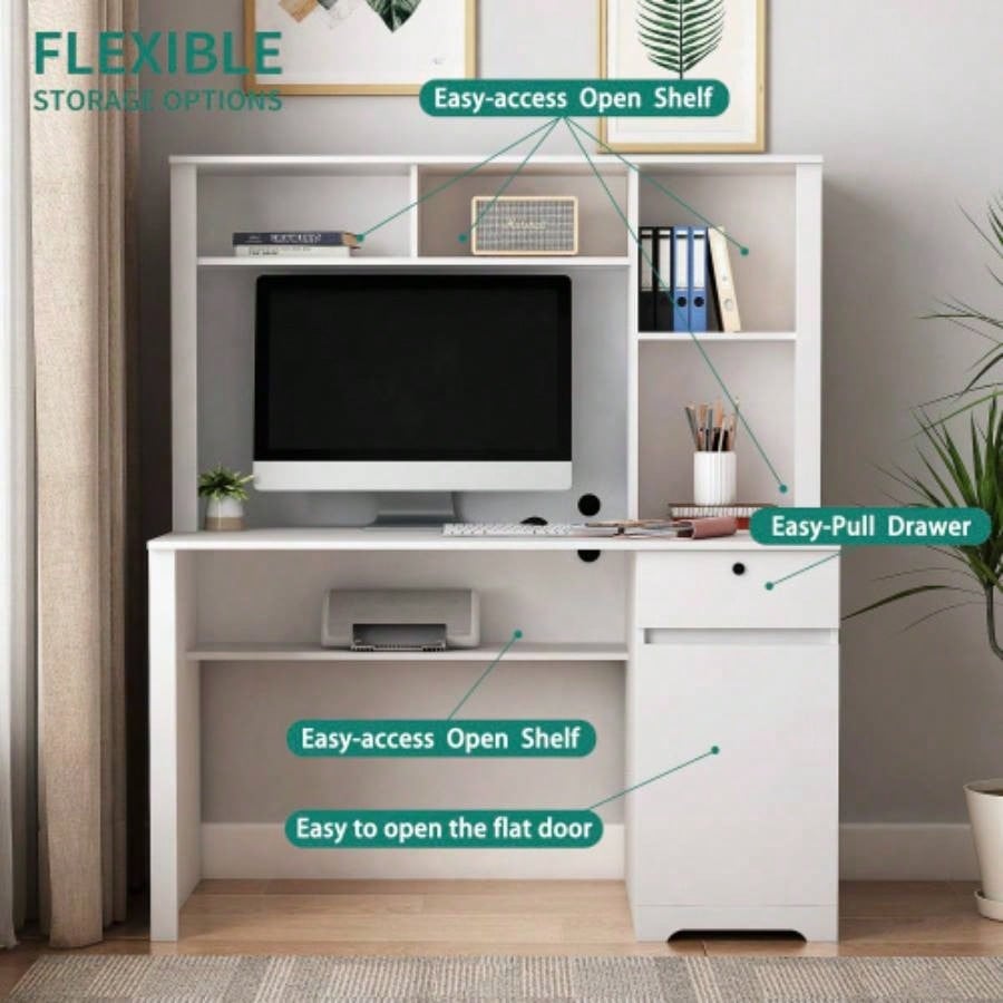 Computer Desk with Hutch Bookshelf, Wood Executive Desk Teens Student Desk Writing Laptop Home Office Desk with Drawers, 3 AC Outlets and 2 USB Charging Ports, Study Laptop Table Home