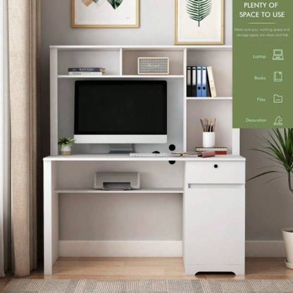 Computer Desk with Hutch Bookshelf, Wood Executive Desk Teens Student Desk Writing Laptop Home Office Desk with Drawers, 3 AC Outlets and 2 USB Charging Ports, Study Laptop Table Home