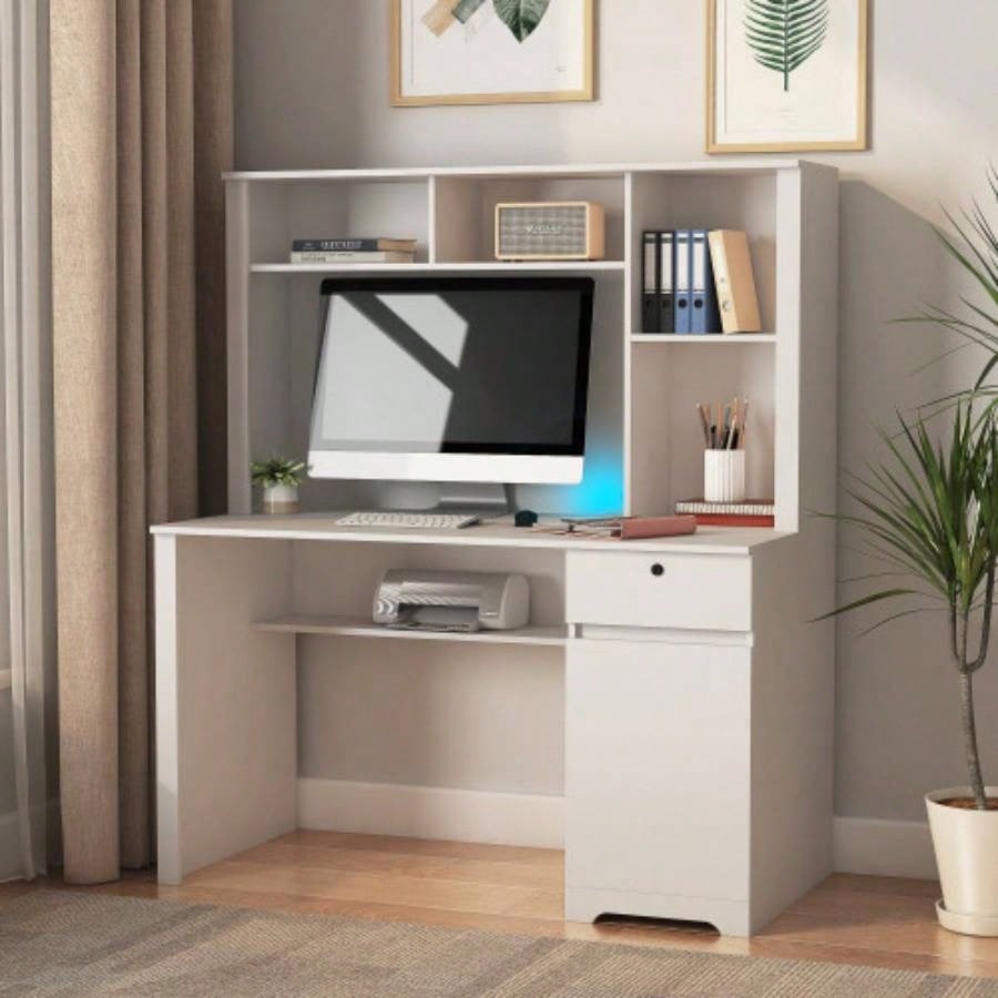 Computer Desk with Hutch Bookshelf, Wood Executive Desk Teens Student Desk Writing Laptop Home Office Desk with Drawers, 3 AC Outlets and 2 USB Charging Ports, Study Laptop Table Home