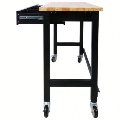 60in Work, Workbench with Drawer Storage, Heavy Duty Wood Work Table with Wheels Garage Home Office