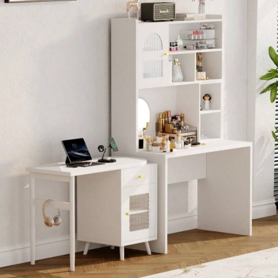 Computer Desk with 90 Degree Rotating Desktop, 43x70 Inch Office Desk with Storage Drawer and Cabinets, Gaming Desk with Shelves, Writing Desk Study, Work Desk Home Office Bedroom Living Room