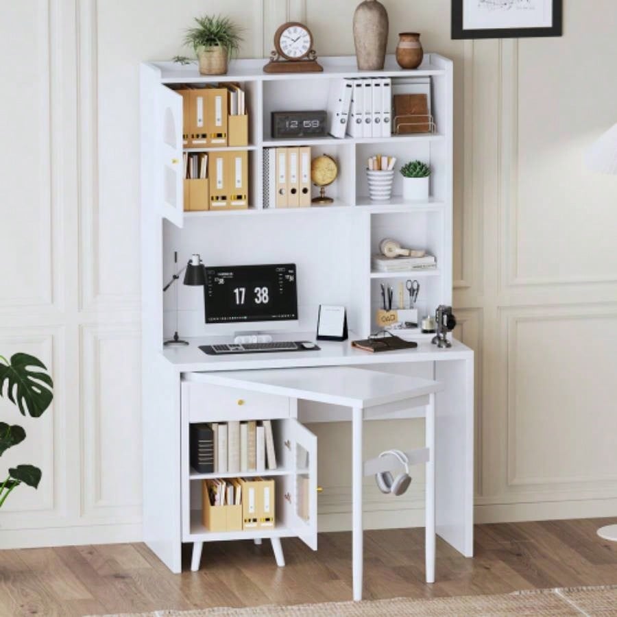 Computer Desk with 90 Degree Rotating Desktop, 43x70 Inch Office Desk with Storage Drawer and Cabinets, Gaming Desk with Shelves, Writing Desk Study, Work Desk Home Office Bedroom Living Room