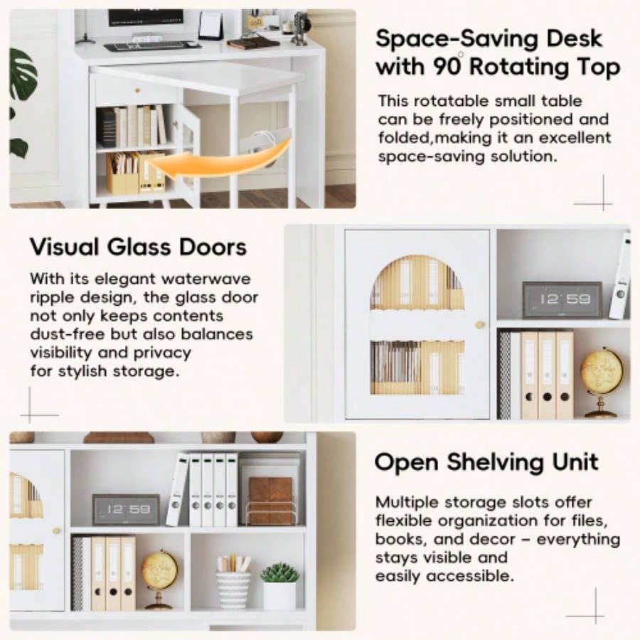 Computer Desk with 90 Degree Rotating Desktop, 43x70 Inch Office Desk with Storage Drawer and Cabinets, Gaming Desk with Shelves, Writing Desk Study, Work Desk Home Office Bedroom Living Room