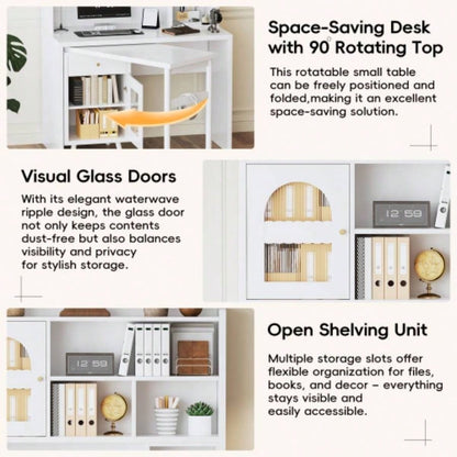 Computer Desk with 90 Degree Rotating Desktop, 43x70 Inch Office Desk with Storage Drawer and Cabinets, Gaming Desk with Shelves, Writing Desk Study, Work Desk Home Office Bedroom Living Room