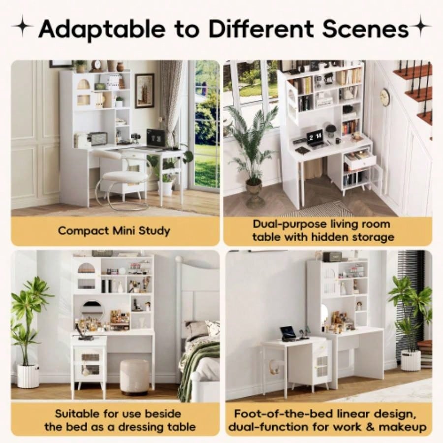 Computer Desk with 90 Degree Rotating Desktop, 43x70 Inch Office Desk with Storage Drawer and Cabinets, Gaming Desk with Shelves, Writing Desk Study, Work Desk Home Office Bedroom Living Room