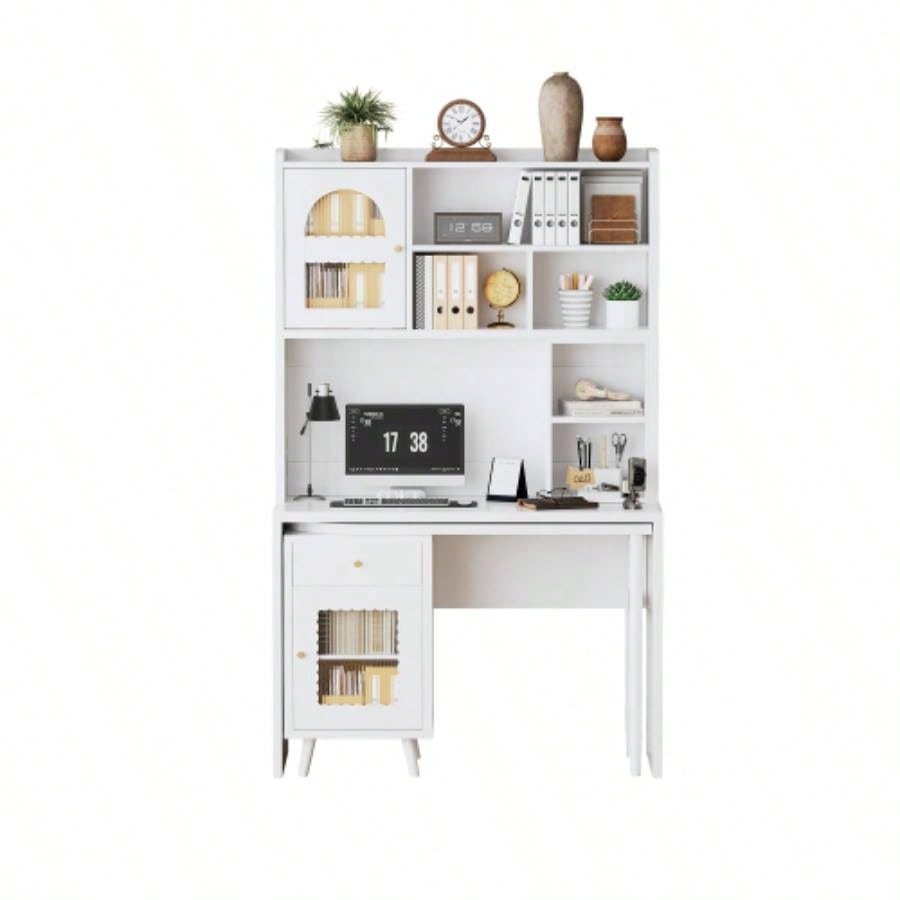 Computer Desk with 90 Degree Rotating Desktop, 43x70 Inch Office Desk with Storage Drawer and Cabinets, Gaming Desk with Shelves, Writing Desk Study, Work Desk Home Office Bedroom Living Room