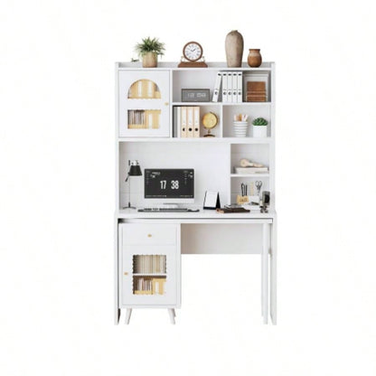 Computer Desk with 90 Degree Rotating Desktop, 43x70 Inch Office Desk with Storage Drawer and Cabinets, Gaming Desk with Shelves, Writing Desk Study, Work Desk Home Office Bedroom Living Room